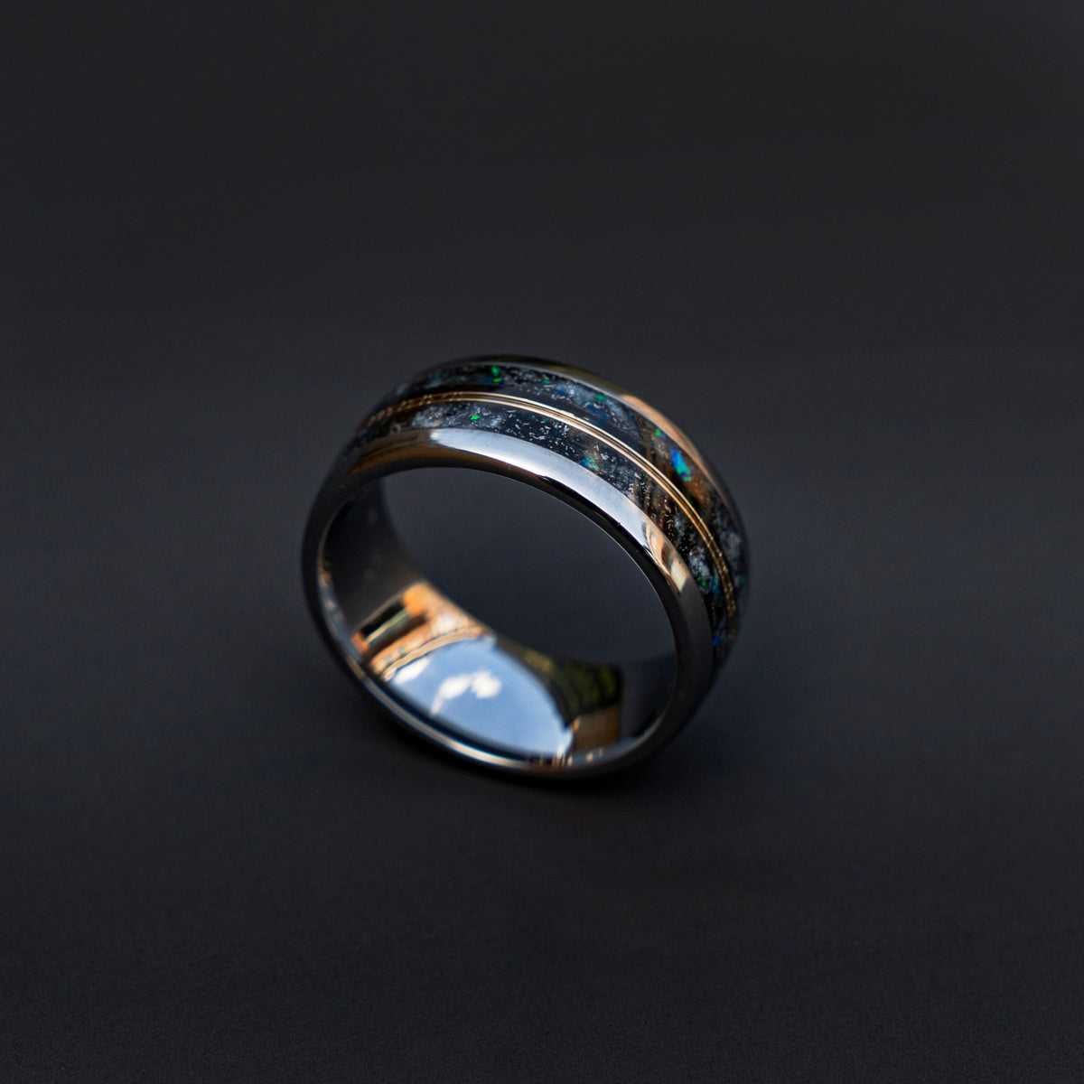 10mm Domed mens meteorite ring, Glow in the dark ring, glow ring, Gold tungsten ring, tungsten ring men, mens wedding band, mens ring - Decazi