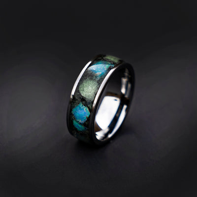 Genuine ethiopian opal ring with glowstones, meteorite, handmade wedding band, mens engagement ring, mens ring, mens wedding band | Decazi - Decazi