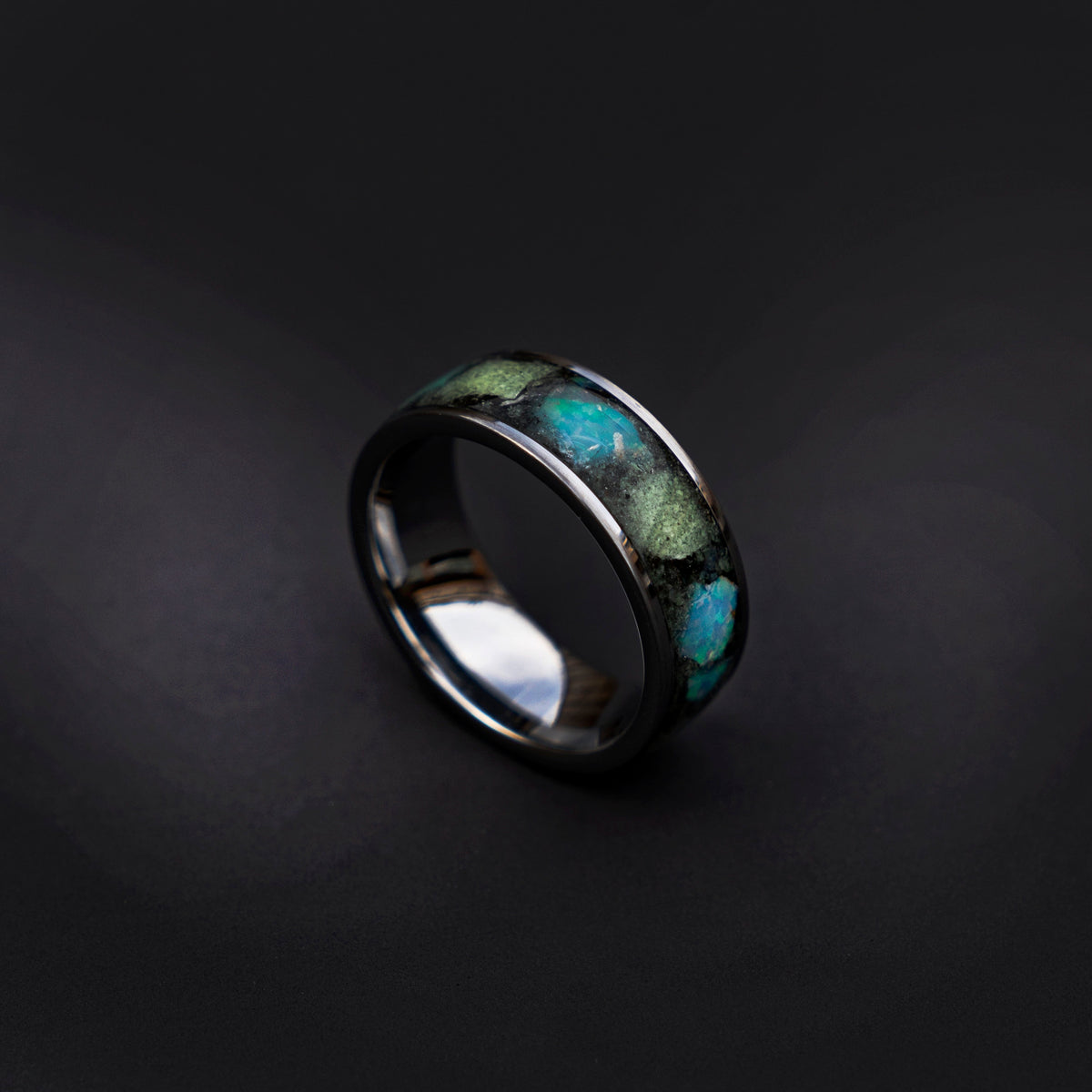 Genuine ethiopian opal ring with glowstones, meteorite, handmade wedding band, mens engagement ring, mens ring, mens wedding band | Decazi - Decazi