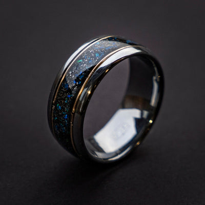 mens wedding band, mens ring, meteorite ring, mens wedding ring, mens engagement ring, meteorite ring men, 10mm ring, blue opal ring.