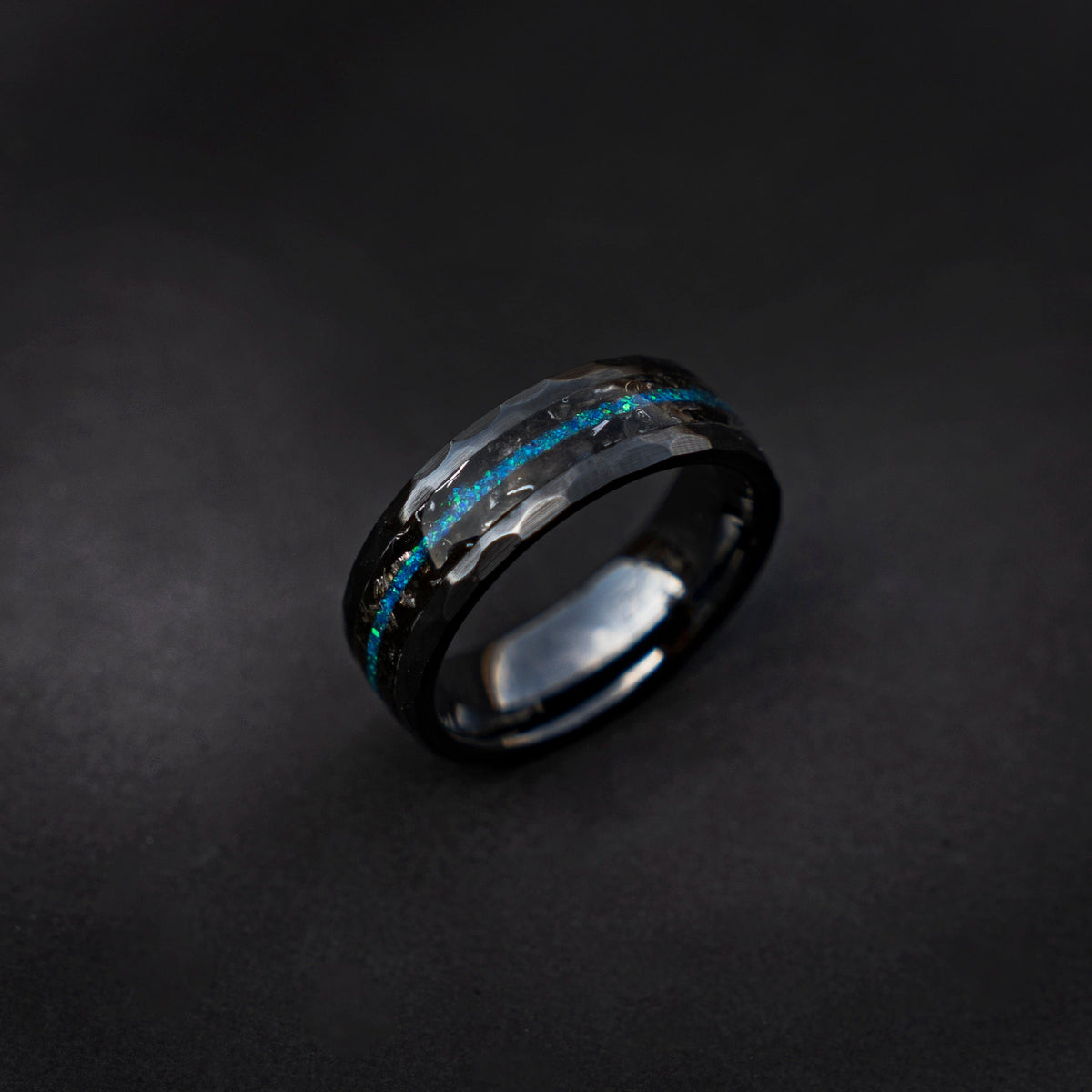 Black faceted mens wedding band with meteorite and opal, meteorite ring, mens ring, handmade wedding band, mens engagement ring | Decazi - Decazi