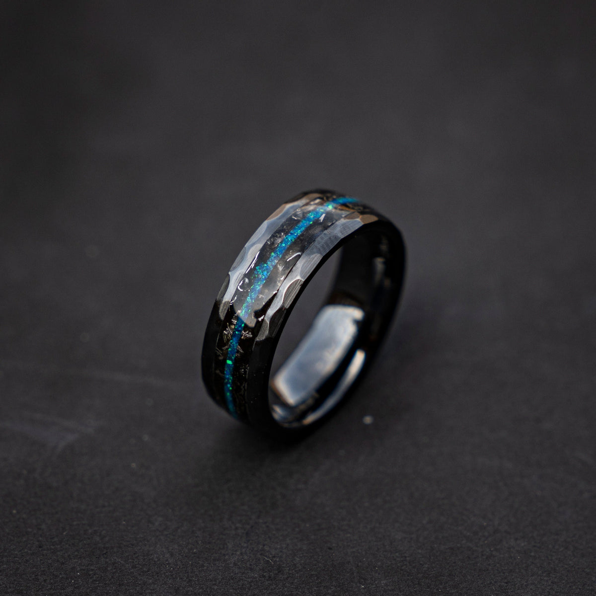 Black faceted mens wedding band with meteorite and opal, meteorite ring, mens ring, handmade wedding band, mens engagement ring | Decazi - Decazi