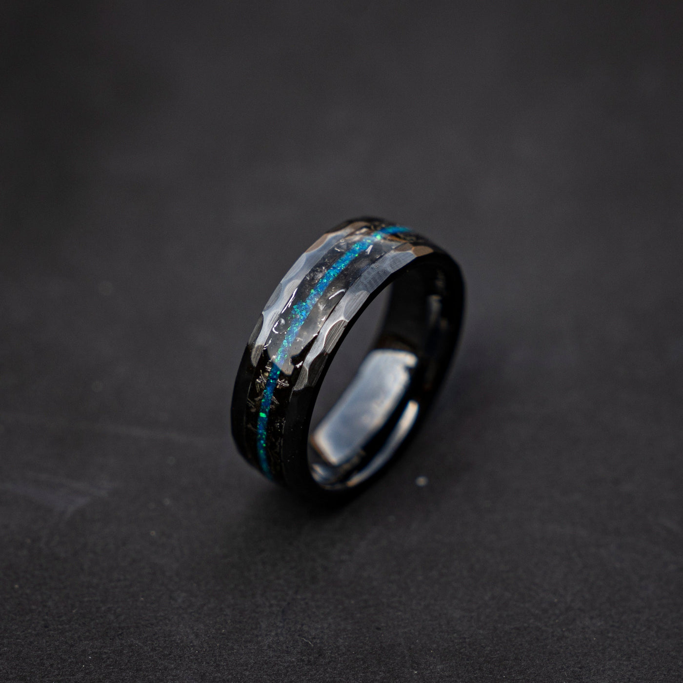 Black faceted mens wedding band with meteorite and opal, meteorite ring, mens ring, handmade wedding band, mens engagement ring | Decazi