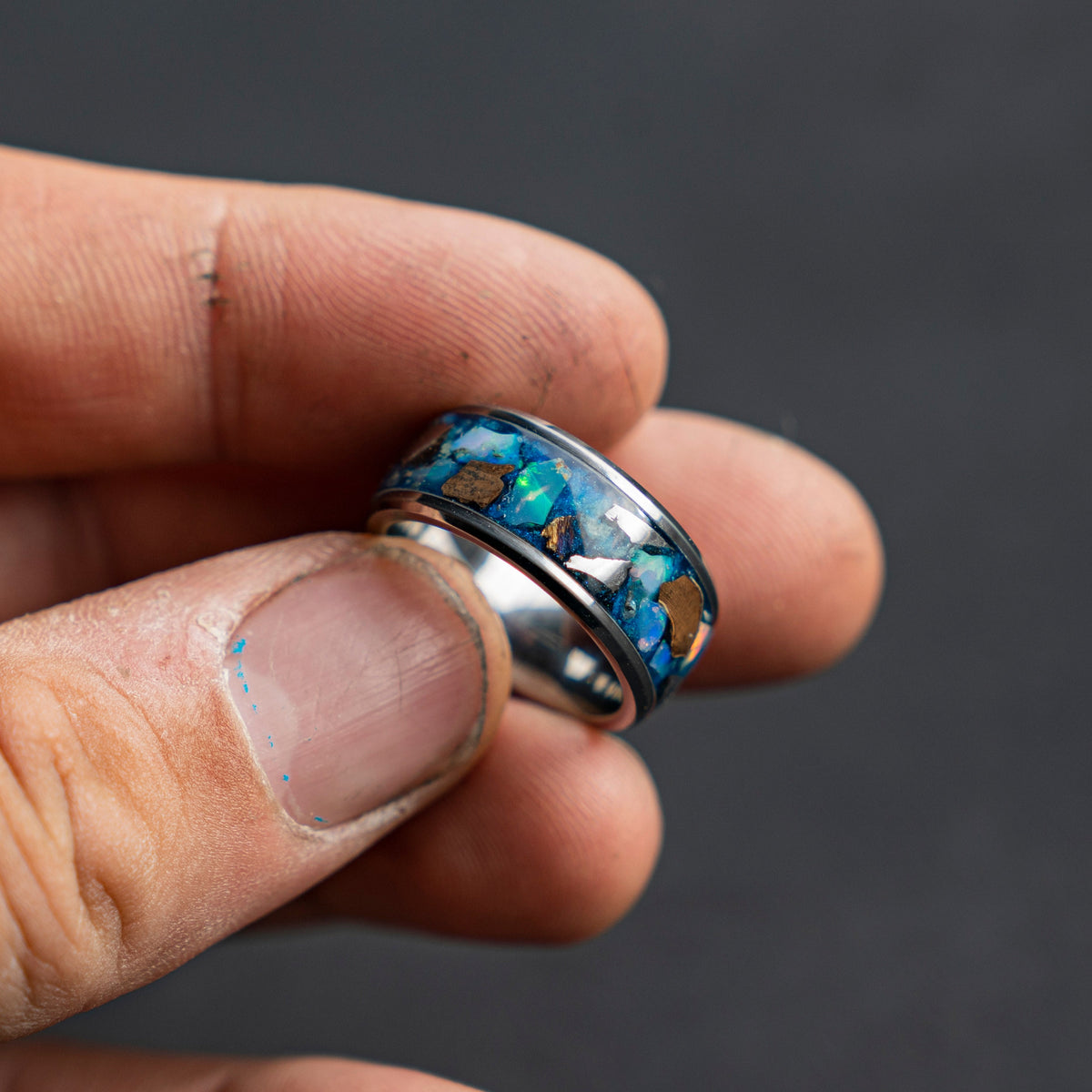 Campo del cielo meteorite with Dinosaur bone and Ethiopian opal, Mens wedding band, opal engagement ring, glow in the dark ring, glowstone.