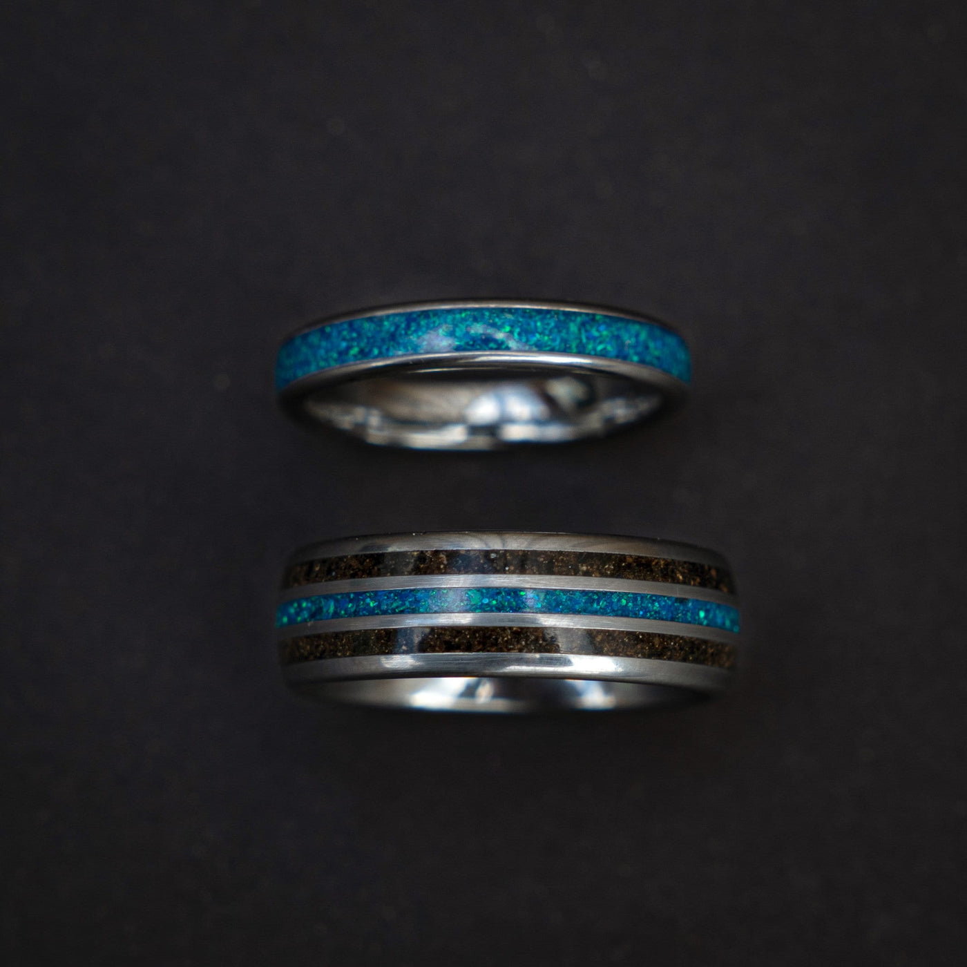 dinosaur bone ring , meteorite ring, wedding ring set for woman and men, couples ring, trex ring, blue opal ring, decazi - Decazi