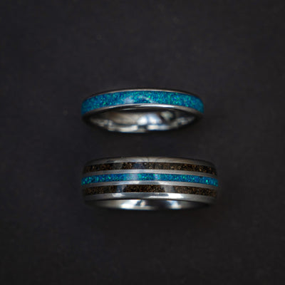 dinosaur bone ring , meteorite ring, wedding ring set for woman and men, couples ring, trex ring, blue opal ring, decazi - Decazi
