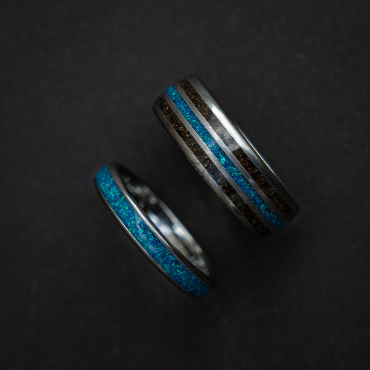 dinosaur bone ring , meteorite ring, wedding ring set for woman and men, couples ring, trex ring, blue opal ring, decazi - Decazi