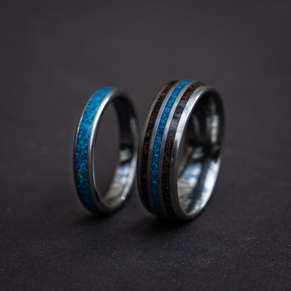 dinosaur bone ring , meteorite ring, wedding ring set for woman and men, couples ring, trex ring, blue opal ring, decazi - Decazi