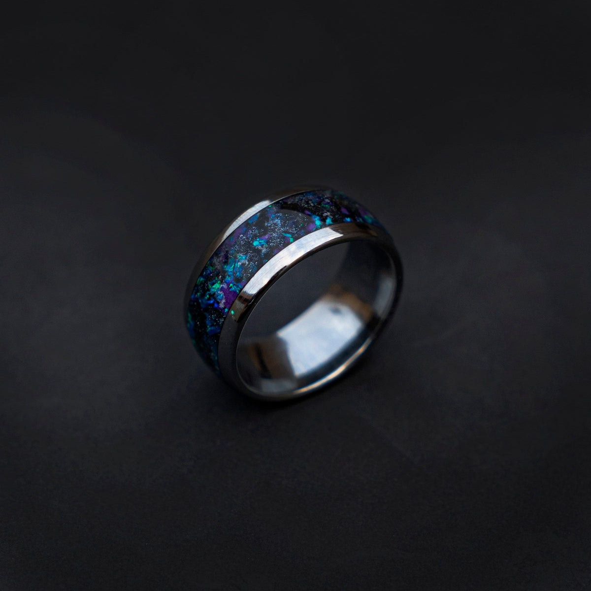 10mm Domed galaxy Nebula with opal and glow in the dark, handmade wedding band,  Mens wedding band, opal engagement ring, Chunky ring Decazi - Decazi