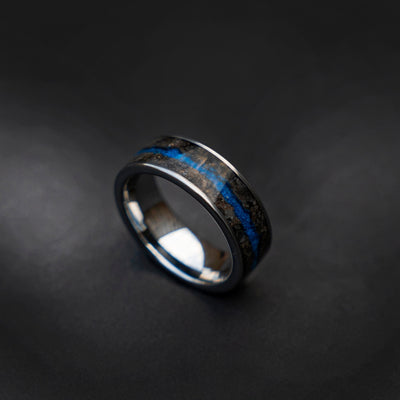 Petrified wood with a Blue galaxy opal flowing river, Handmade wedding band, mens wedding band, mens ring, glow ring, Decazi - Decazi
