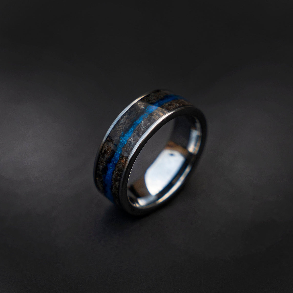 Petrified wood with a Blue galaxy opal flowing river, Handmade wedding band, mens wedding band, mens ring, glow ring, Decazi - Decazi