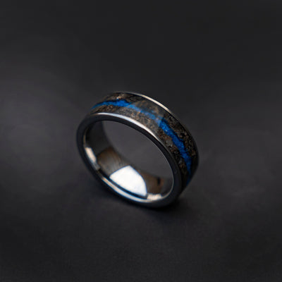 Petrified wood with a Blue galaxy opal flowing river, Handmade wedding band, mens wedding band, mens ring, glow ring, Decazi - Decazi