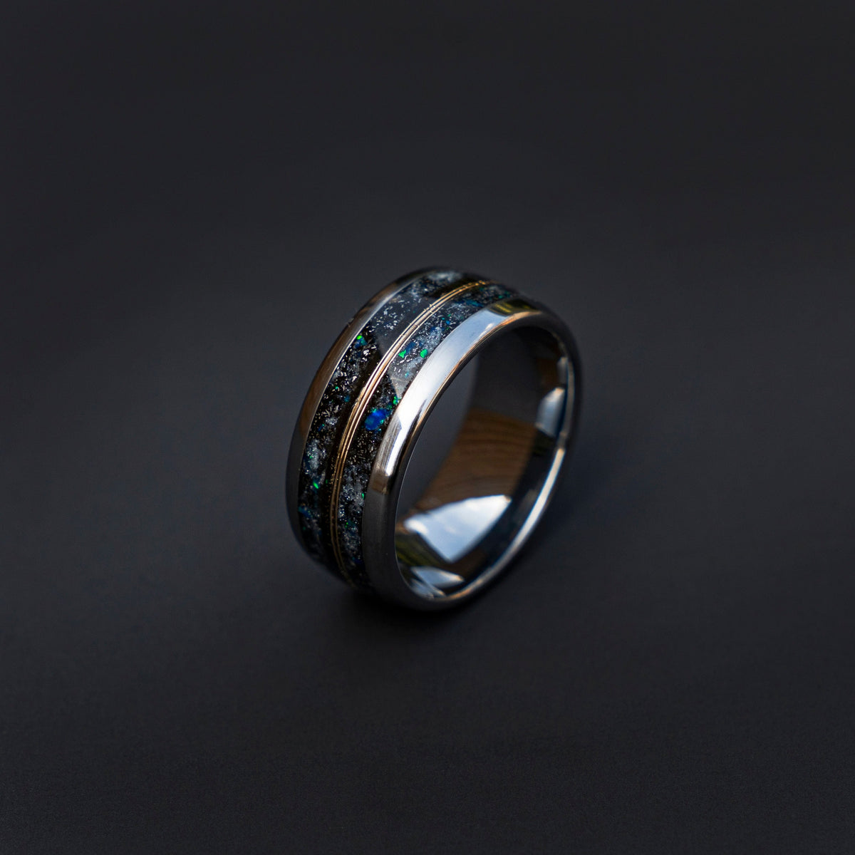 10mm Domed mens meteorite ring, Glow in the dark ring, glow ring, Gold tungsten ring, tungsten ring men, mens wedding band, mens ring - Decazi