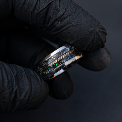 10mm Domed mens meteorite ring, Glow in the dark ring, glow ring, Gold tungsten ring, tungsten ring men, mens wedding band, mens ring - Decazi