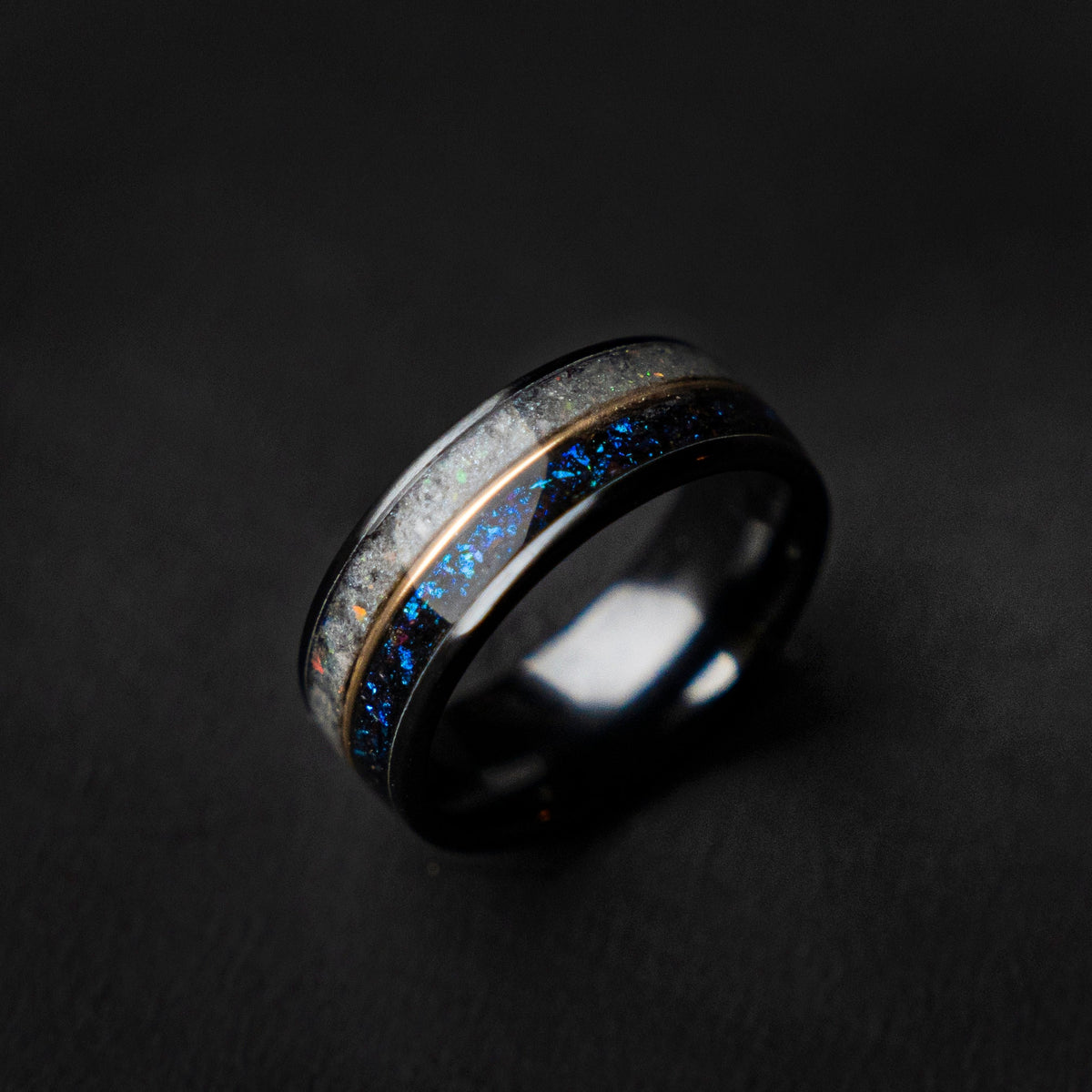 Galaxy opal ring with moonstone and 18K goldwire, Moonstone Tungsten Ring, moon ring, Rainbow moonstone, Men's Wedding Band, cool mens ring. - Decazi