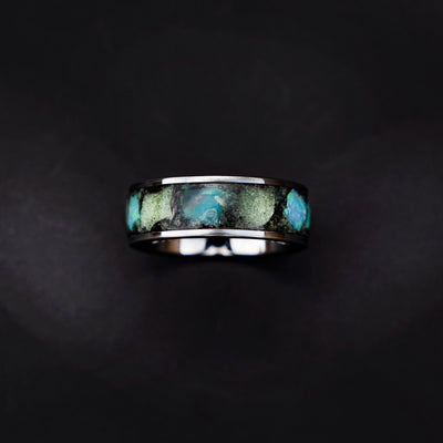 Genuine ethiopian opal ring with glowstones, meteorite, handmade wedding band, mens engagement ring, mens ring, mens wedding band | Decazi - Decazi