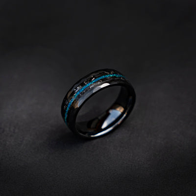 Black faceted mens wedding band with meteorite and opal, meteorite ring, mens ring, handmade wedding band, mens engagement ring | Decazi - Decazi