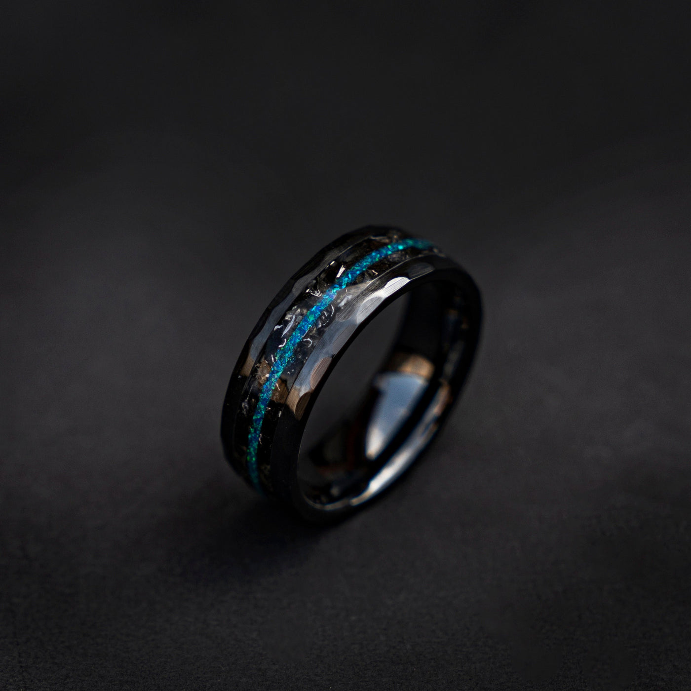 Black faceted mens wedding band with meteorite and opal, meteorite ring, mens ring, handmade wedding band, mens engagement ring | Decazi