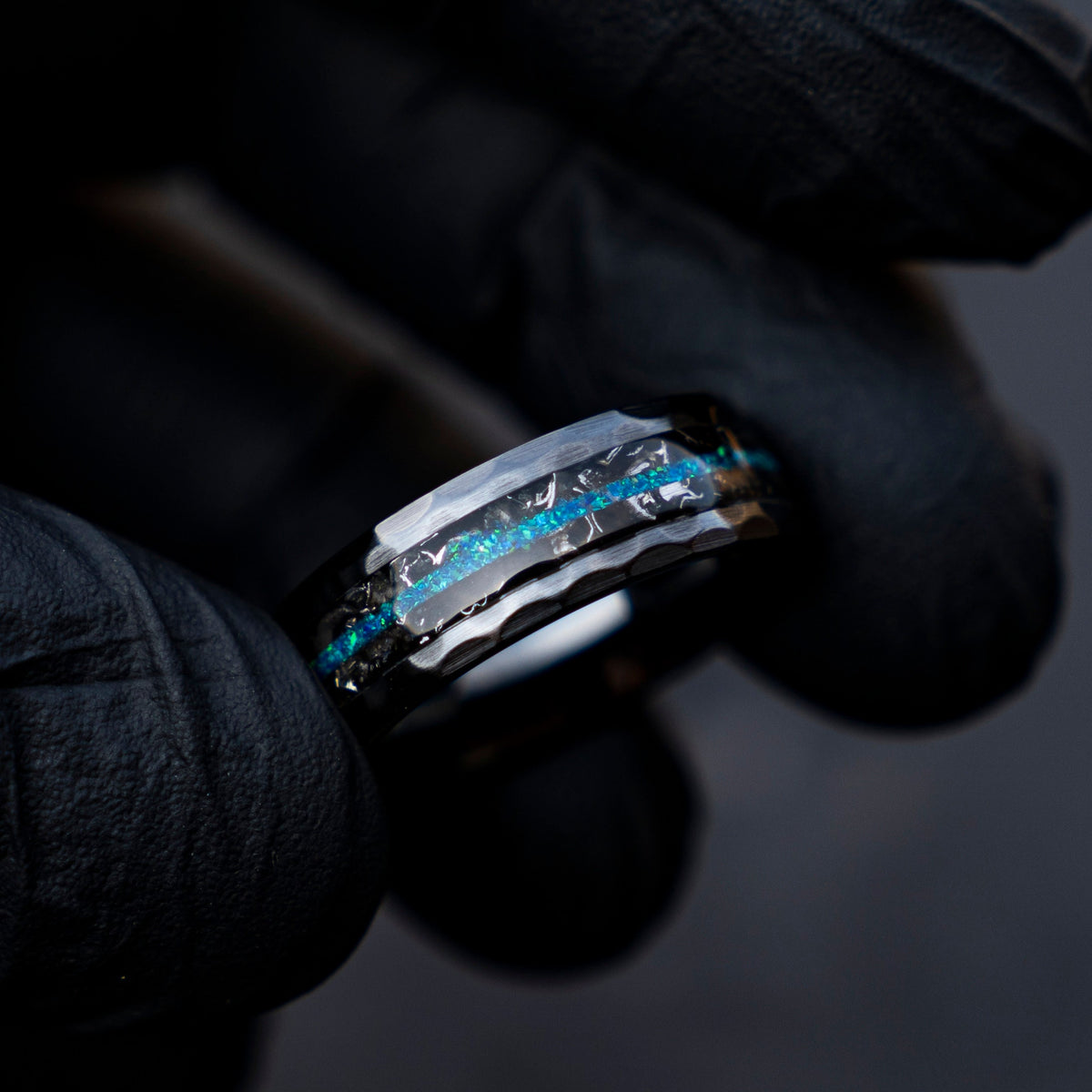 Black faceted mens wedding band with meteorite and opal, meteorite ring, mens ring, handmade wedding band, mens engagement ring | Decazi