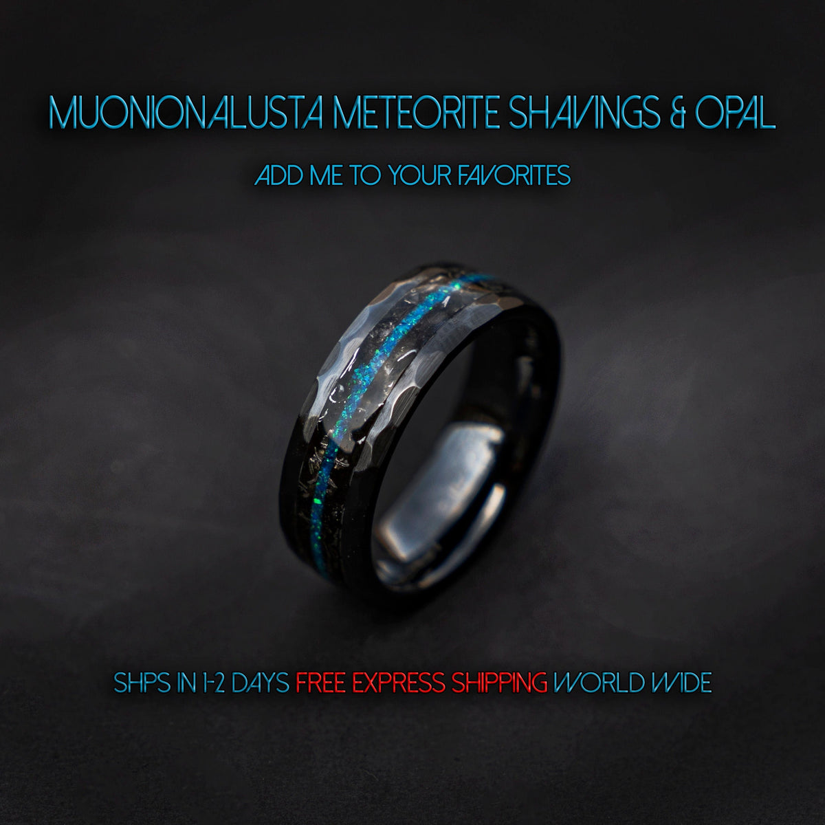 Black faceted mens wedding band with meteorite and opal, meteorite ring, mens ring, handmade wedding band, mens engagement ring | Decazi