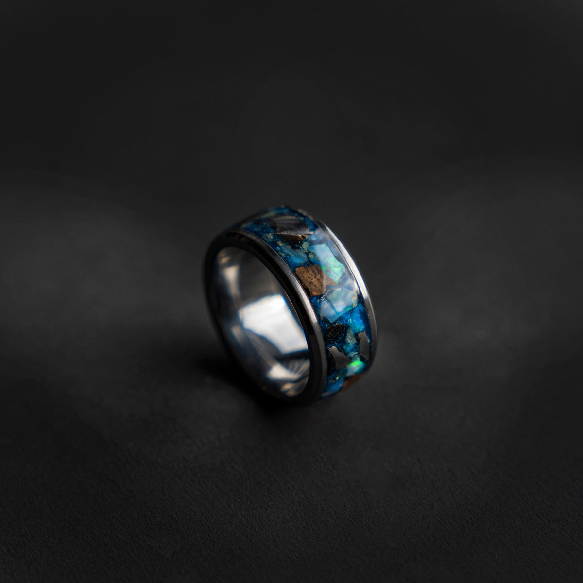 Campo del cielo meteorite with Dinosaur bone and Ethiopian opal, Mens wedding band, opal engagement ring, glow in the dark ring, glowstone.