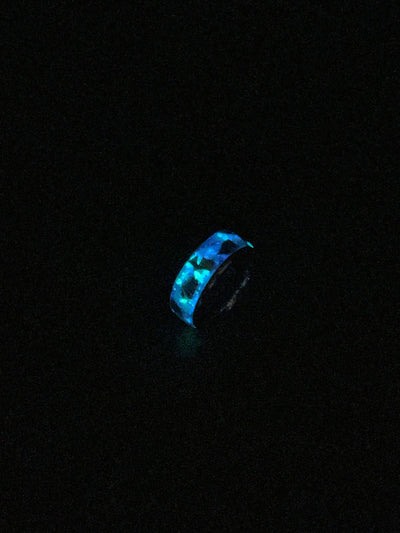 Campo del cielo meteorite with Dinosaur bone and Ethiopian opal, Mens wedding band, opal engagement ring, glow in the dark ring, glowstone.