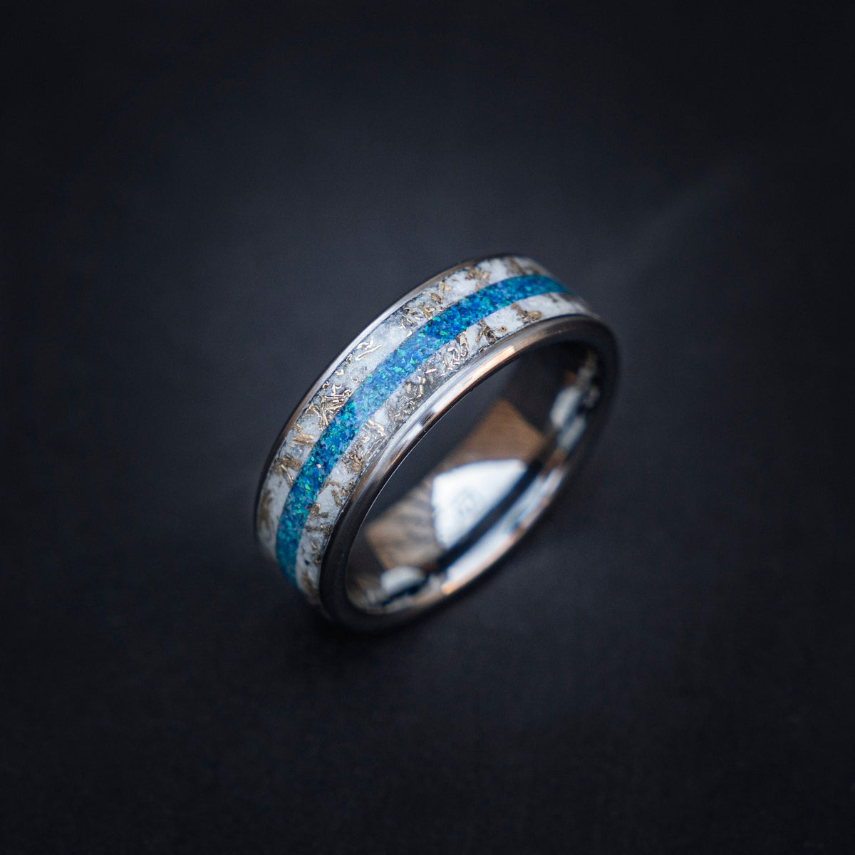 Glow in the Dark Gold Flake Mokume Gane Band Ring, Men's Tungsten Ring, Meteorite Opal Wedding Ring, Glow ring, Gift for Him - Decazi