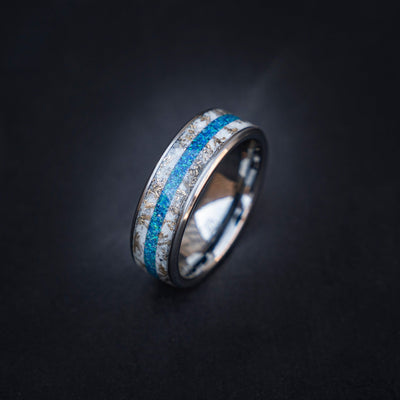 Glow in the Dark Gold Flake Mokume Gane Band Ring, Men's Tungsten Ring, Meteorite Opal Wedding Ring, Glow ring, Gift for Him - Decazi
