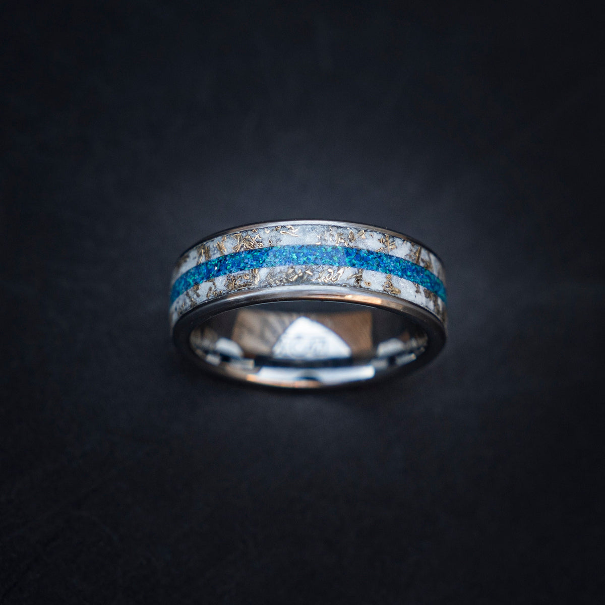 Glow in the Dark Gold Flake Mokume Gane Band Ring, Men's Tungsten Ring, Meteorite Opal Wedding Ring, Glow ring, Gift for Him - Decazi