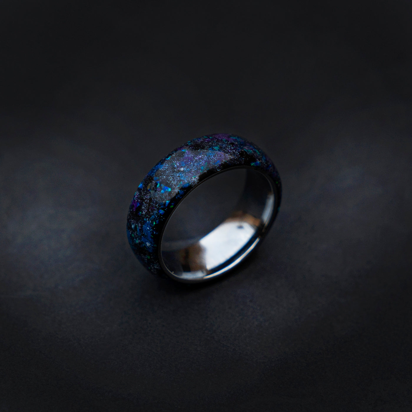 The Ultimate Galaxy opal space nebula ring with glow in the dark pigments, handmade wedding band, meteorite ring, mens wedding band | Decazi - Decazi