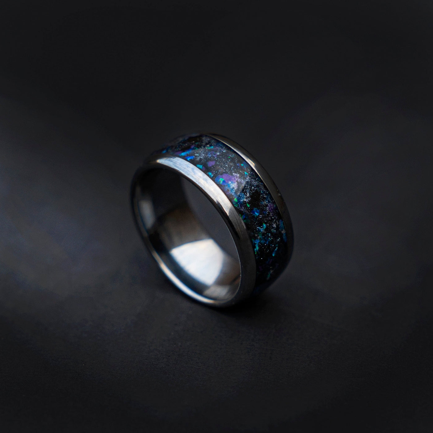 10mm Domed galaxy Nebula with opal and glow in the dark, handmade wedding band,  Mens wedding band, opal engagement ring, Chunky ring Decazi - Decazi