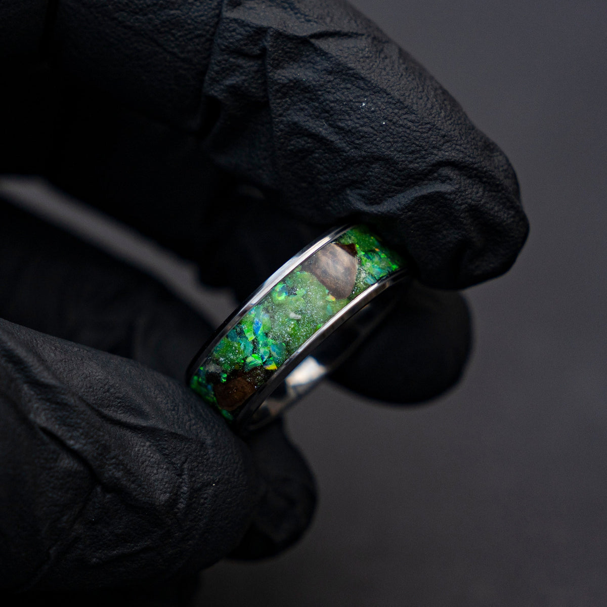 Velociraptor Dinosaur Bone Ring and green galaxy opal with green glow in the dark, Handmade wedding band, mens wedding band | Decazi - Decazi