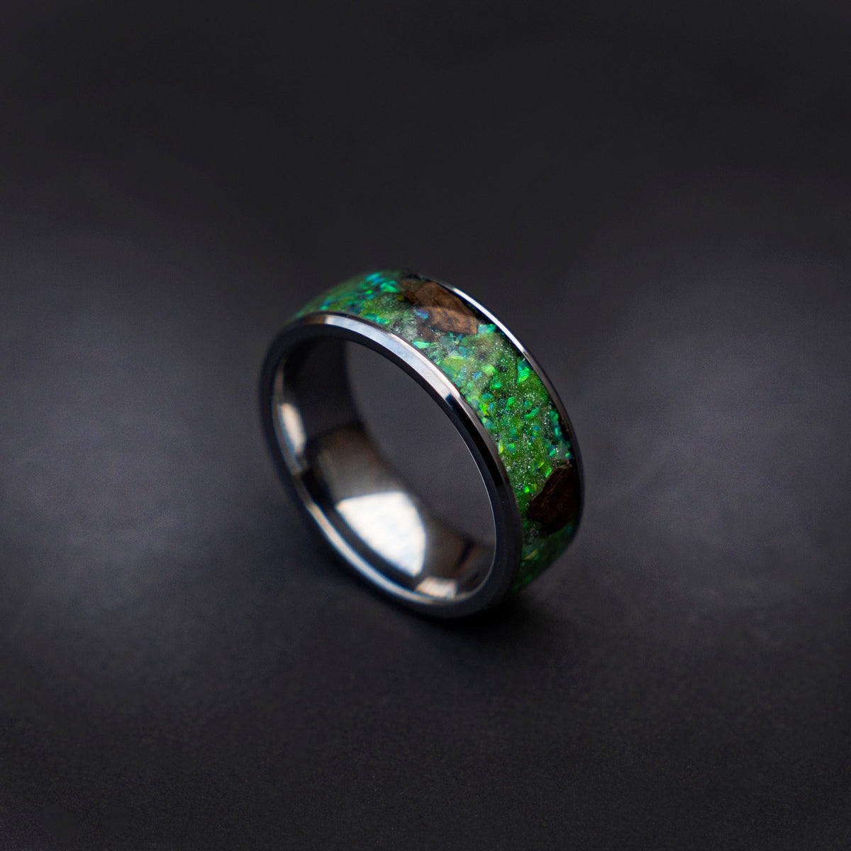 Velociraptor Dinosaur Bone Ring and green galaxy opal with green glow in the dark, Handmade wedding band, mens wedding band | Decazi - Decazi