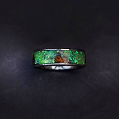 Velociraptor Dinosaur Bone Ring and green galaxy opal with green glow in the dark, Handmade wedding band, mens wedding band | Decazi - Decazi