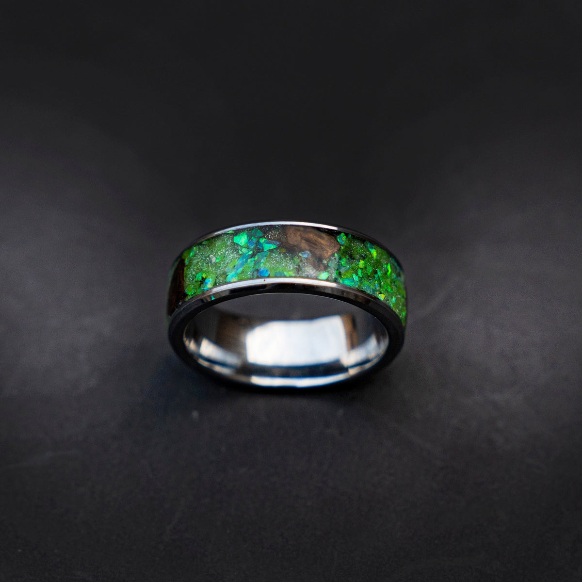 Velociraptor Dinosaur Bone Ring and green galaxy opal with green glow in the dark, Handmade wedding band, mens wedding band | Decazi - Decazi