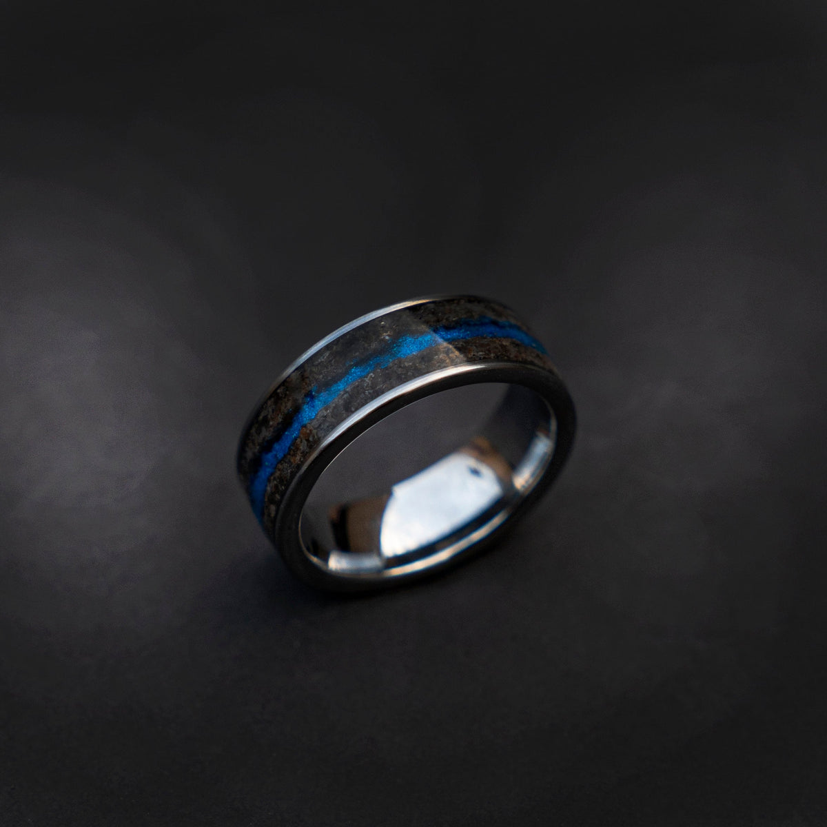 Petrified wood with a Blue galaxy opal flowing river, Handmade wedding band, mens wedding band, mens ring, glow ring, Decazi - Decazi