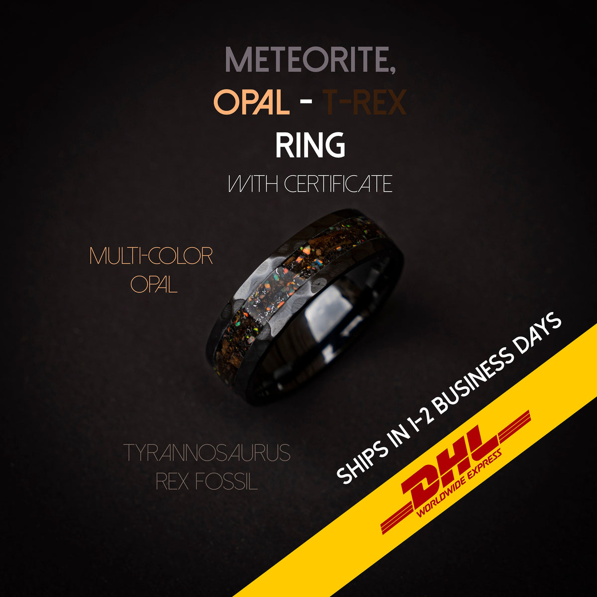 T-rex dinosaur bone ring with meteorite and opal,  engagement ring, mens ring, meteorite ring, meteorite ring men, mens wedding band - Decazi