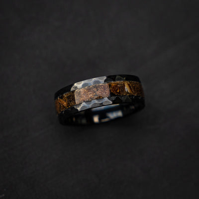 Velociraptor fragments in a black ceramic faceted hammered band,  engagement ring, mens ring, handmade wedding band, mens wedding band - Decazi