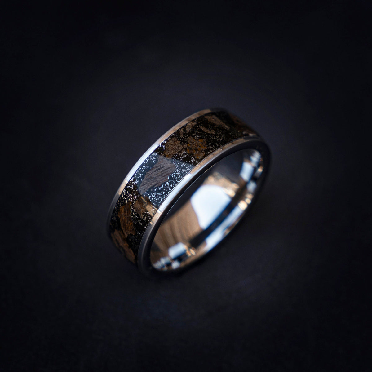 Triceratops meteorite ring, dinosaur bone, mens ring, Triceratops fossil, meteorite ring men, mens wedding band, unique mens ring - Decazi