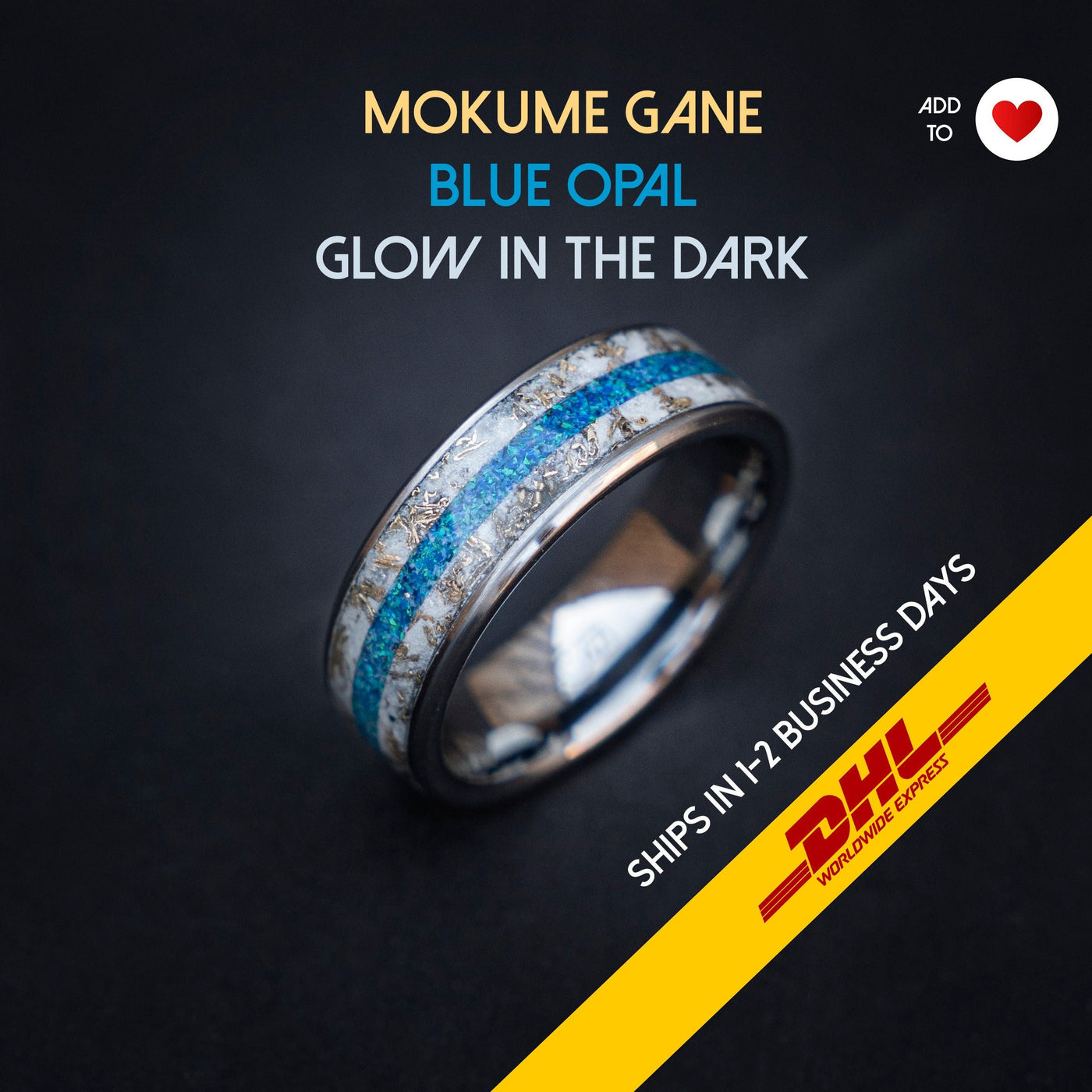 Glow in the Dark Gold Flake Mokume Gane Band Ring, Men's Tungsten Ring, Meteorite Opal Wedding Ring, Glow ring, Gift for Him - Decazi