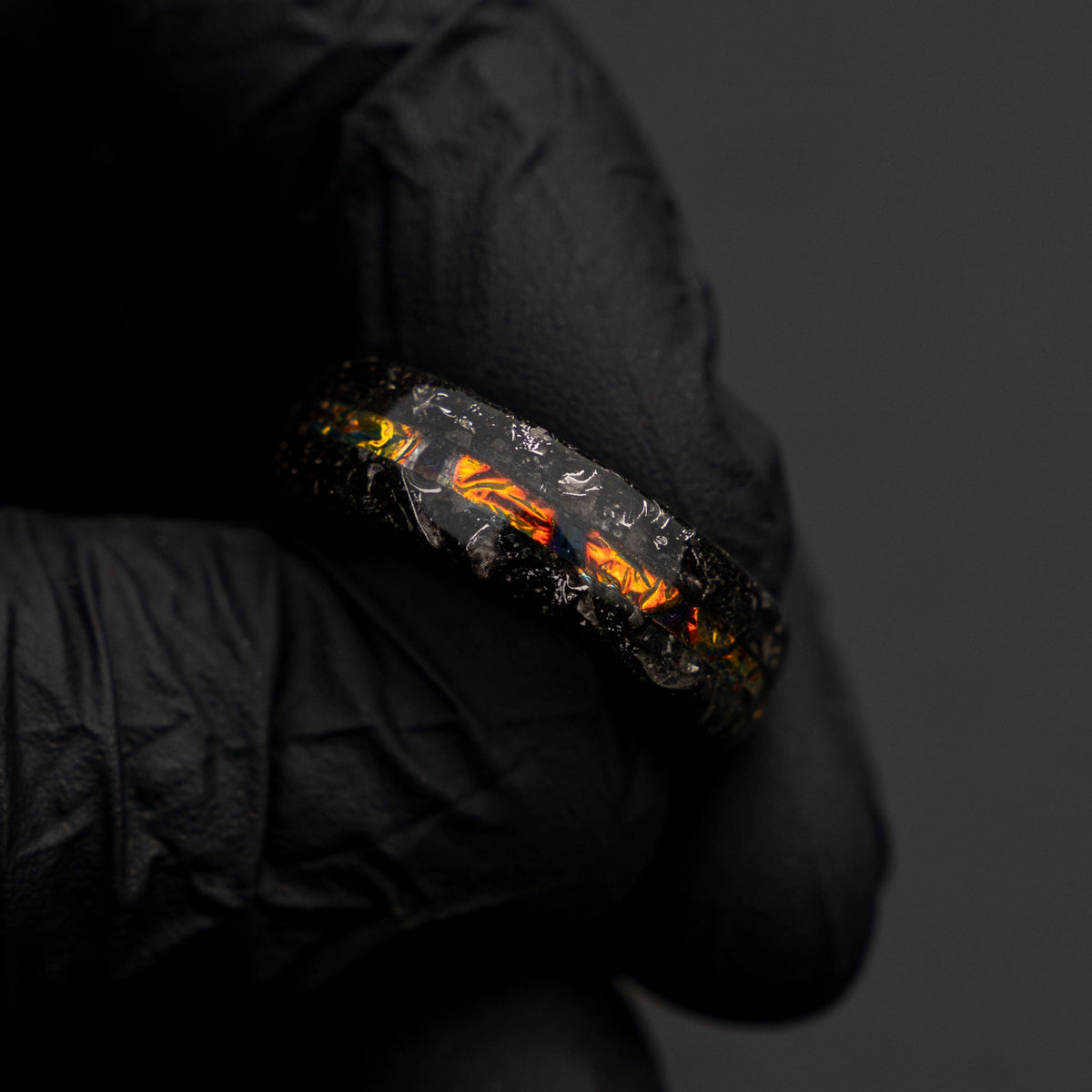 Muonionalusta meteorite shavings tungsten ring with Dichrolam galaxy inlay, mens wedding band, meteorite ring, meteorite wedding band Decazi