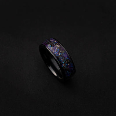 Meteorite shavings ring, purple opal ring, Glow in the dark ring, Galaxy opal, Black firday sale, Black ceramic ring, 8mm ring | Decazi