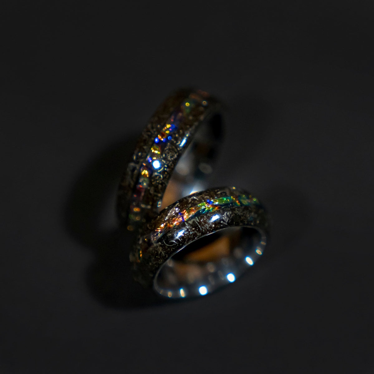 Couples rings with Muonionalusta meteorite shavings tungsten ring with Dichrolam galaxy inlay, mens wedding band, meteorite ring.