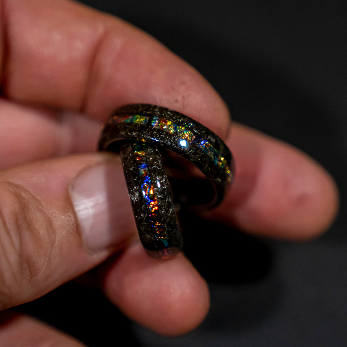 Couples rings with Muonionalusta meteorite shavings tungsten ring with Dichrolam galaxy inlay, mens wedding band, meteorite ring.