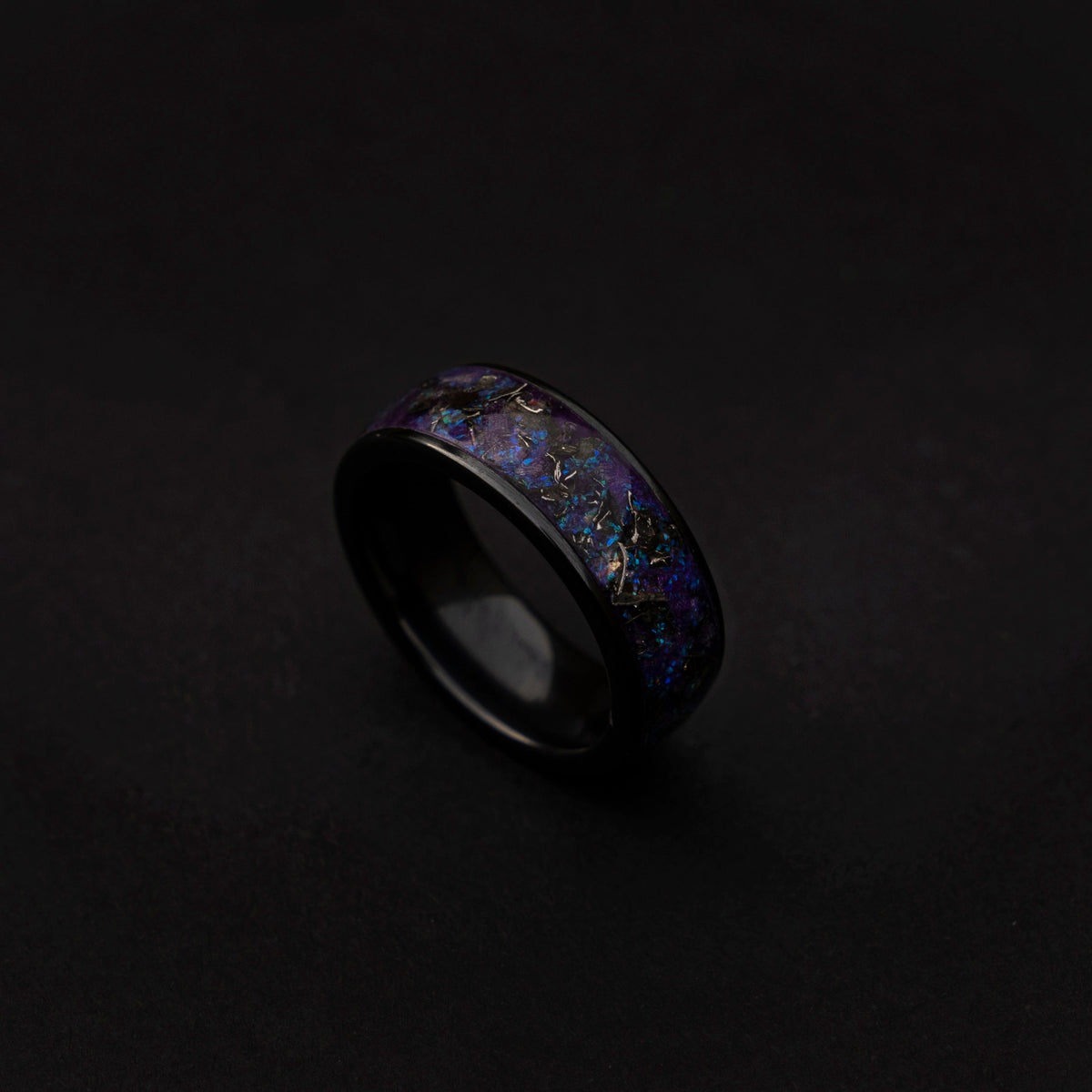 Meteorite shavings ring, purple opal ring, Glow in the dark ring, Galaxy opal, Black firday sale, Black ceramic ring, 8mm ring | Decazi