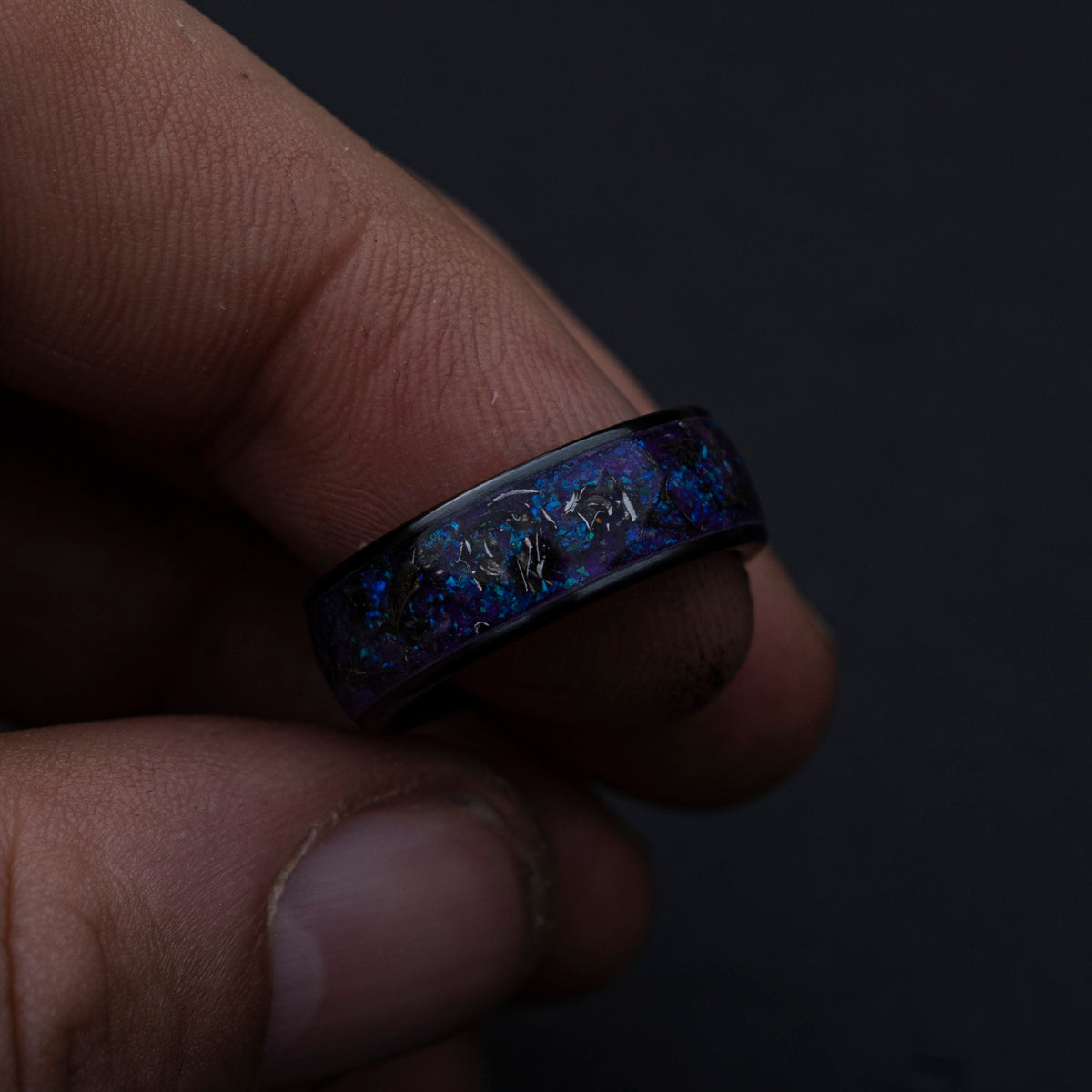 Meteorite shavings ring, purple opal ring, Glow in the dark ring, Galaxy opal, Black firday sale, Black ceramic ring, 8mm ring | Decazi