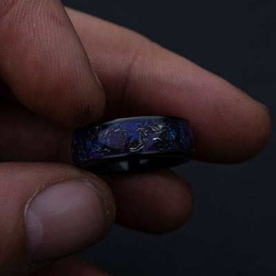 Meteorite shavings ring, purple opal ring, Glow in the dark ring, Galaxy opal, Black firday sale, Black ceramic ring, 8mm ring | Decazi
