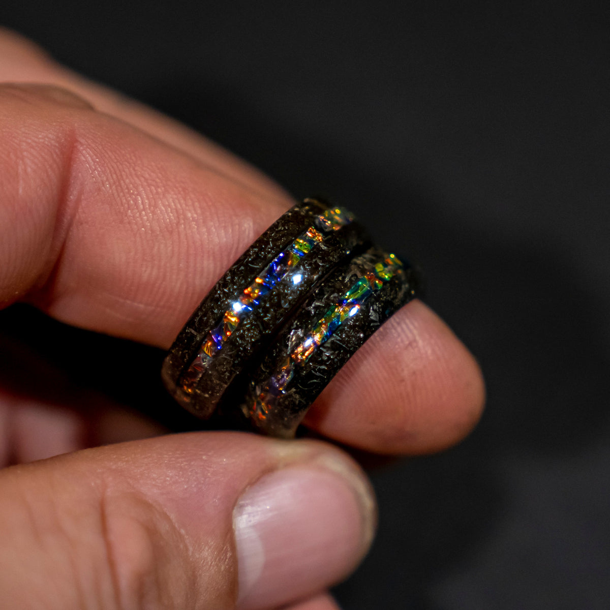 Couples rings with Muonionalusta meteorite shavings tungsten ring with Dichrolam galaxy inlay, mens wedding band, meteorite ring.