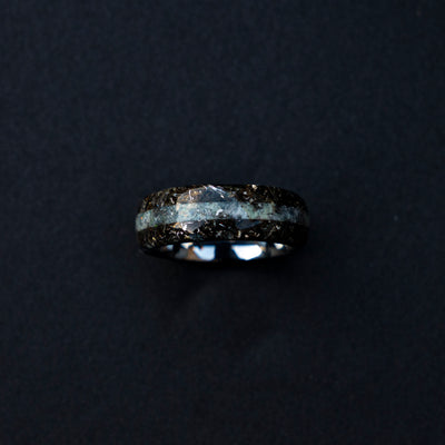 meteorite shavings tungsten ring with Rainbow moonstone, moonstone ring, mens wedding band, meteorite ring, meteorite wedding band | Decazi