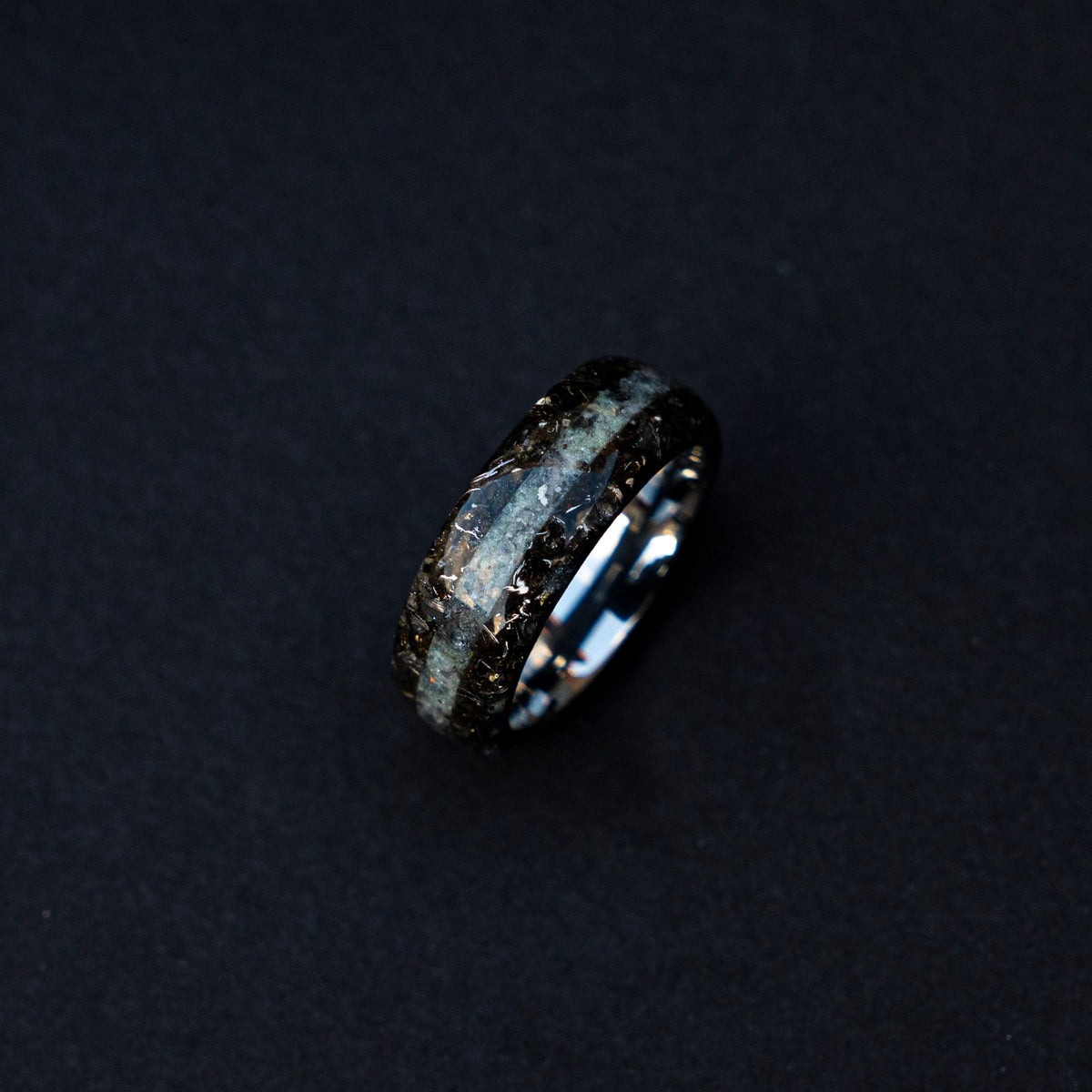 meteorite shavings tungsten ring with Rainbow moonstone, moonstone ring, mens wedding band, meteorite ring, meteorite wedding band | Decazi